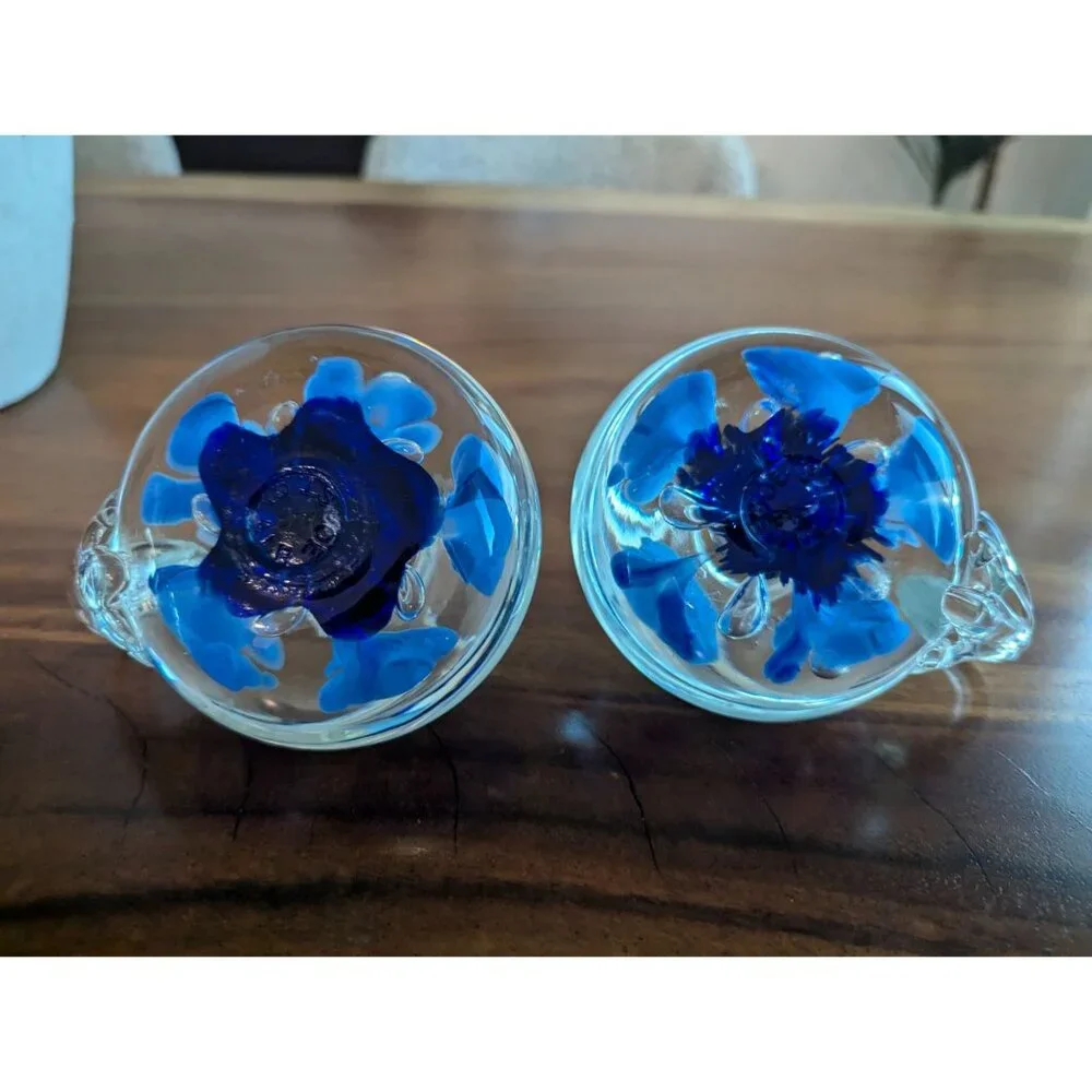Vintage Set of 2  Joe St. Clair Glass Candle Holders cobalt blue Flowers
